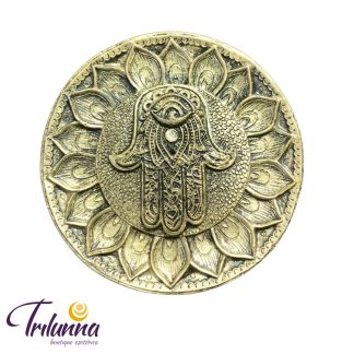 Incensário Redondo 10Cm - Mão Hamsa - Dourado