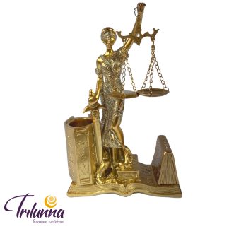 Estátua Decorativa 22Cm Dama Da Justiça Dourada C/Porta Canetas E Cartões