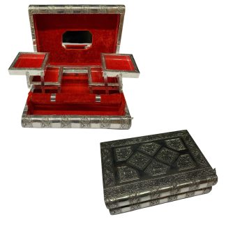 Caixa Indiana De Bronze 28cm Porta Jóias Prata C/Vermelho