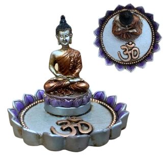 Incensário Redondo Floral Buda Tibetano Prata 10cm
