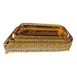 Conjunto 3 Bandejas Decorativas Dourada C/ Strass