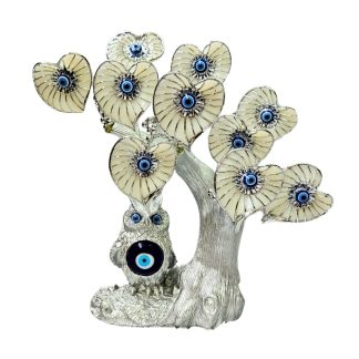 Árvore 27cm Olho Grego e Coruja Coração Prata