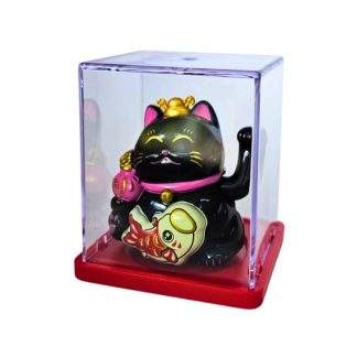Maneki Neko Luz Solar Preto C/Peixe