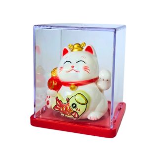 Maneki Neko Luz Solar Branco C/Peixe