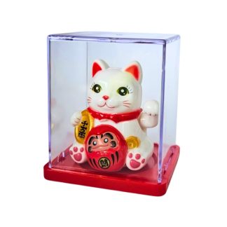 Maneki Neko Luz Solar Branco C/Daruma