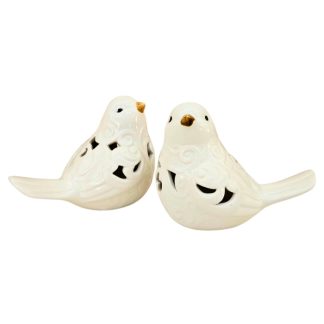 Kit 2 Pássaros Decorativos em Porcelana Branca Vazado 15cm