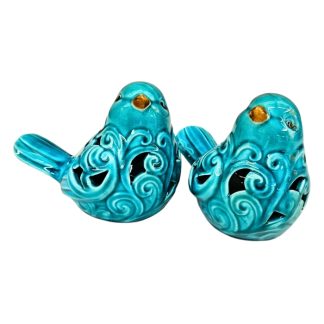 Kit 2 Pássaros Decorativos em Porcelana Azul Vazado 15cm