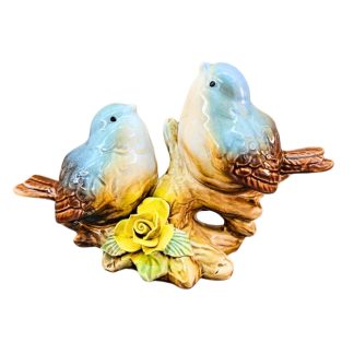 Pássaros Decorativos em Porcelana Azul com Base Floral 16cm