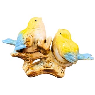 Pássaros Decorativos em Porcelana Amarelo com Base Floral 16cm