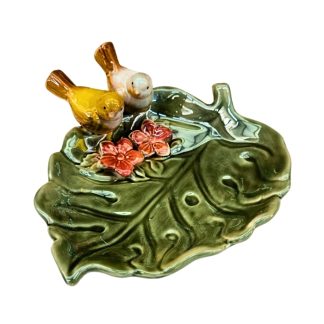 Petisqueira Verde em Porcelana com Pássaros 21cm Decorativa