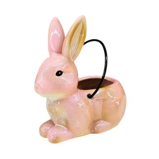 Coelho Cachepot em Porcelana Rosa com Alça 18cm Decorativo