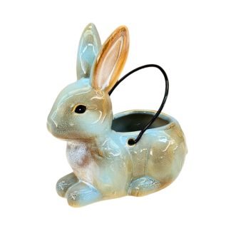 Coelho Cachepot em Porcelana Azul com Alça 18cm Decorativo