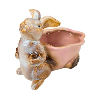 Coelho Rosa com Cesta em Porcelana 18cm Decorativo