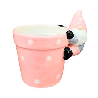 Cachepot com Gnomo Rosa em Porcelana 12cm Decorativo