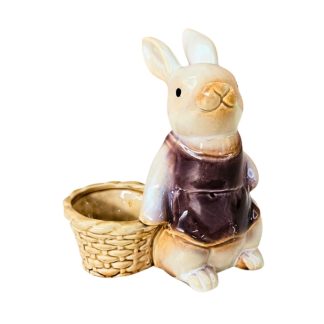Coelho Roxo em Porcelana com Cesta 16cm Decorativo