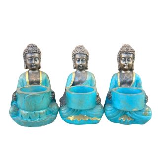 Buda Tibetano 14cm Conjunto Azul e Dourado Resina Estátua Decorativa Porta Vela