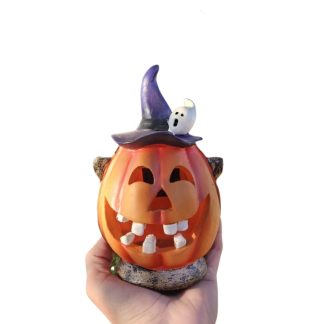 Luminária Abóbora Halloween Luz Solar 26cm Mod B Resina Decoração