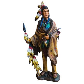Estátua Índio Xamã 52cm Com Lança e Cachimbo Xamanismo Caboclo