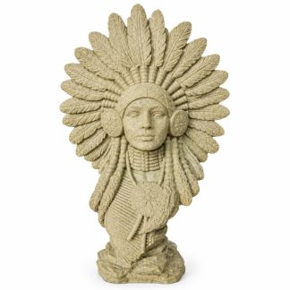 Estátua Índia com Cocar 30cm em Resina Efeito Mármore