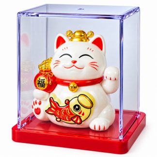 Maneki Neko Luz Solar Branco C/Peixe